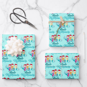 Mele Kalikimaka Mermaid Cute Blauwgroen Beach Kers Inpakpapier Vel