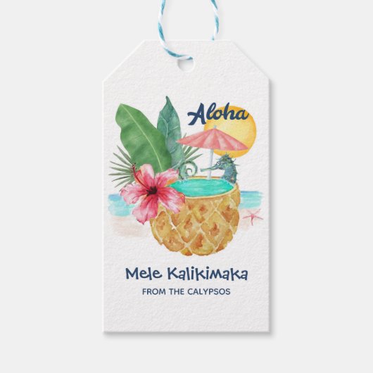 Mele Kalikimaka Seahorse Pineapple Tropisch Cadeaulabel (Voorkant)