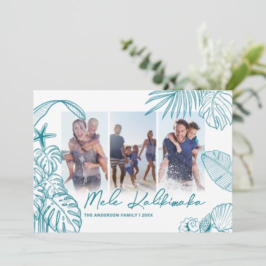 Mele Kalikimaka Teal 3 Foto Kerstmis Feestdagenkaart (Staand voorkant)