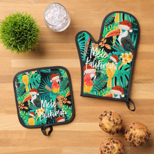Mele Kalikimaka Tropisch Oerwoud Vogels Ovenwant & Pannenlap Set (Top down)