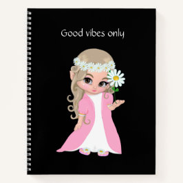 Melk en bloemen op zwart notitieboek