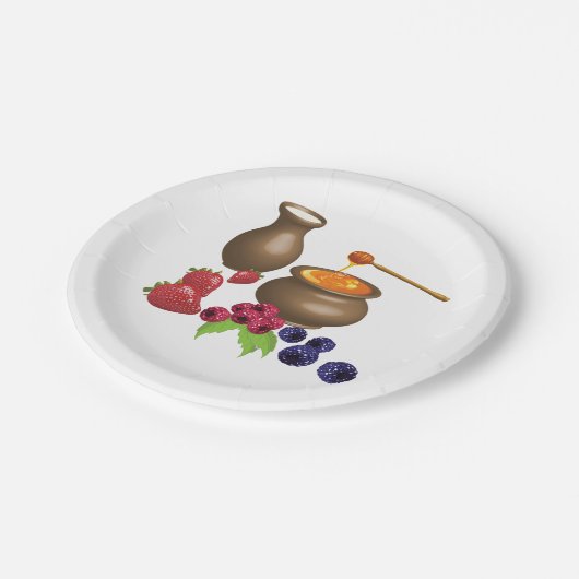 Melk en honing met bessen rustiek eten papieren bordje (Gekanteld)