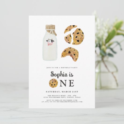 Melk en koekjes 1e verjaardag kaart (Staand voorkant)