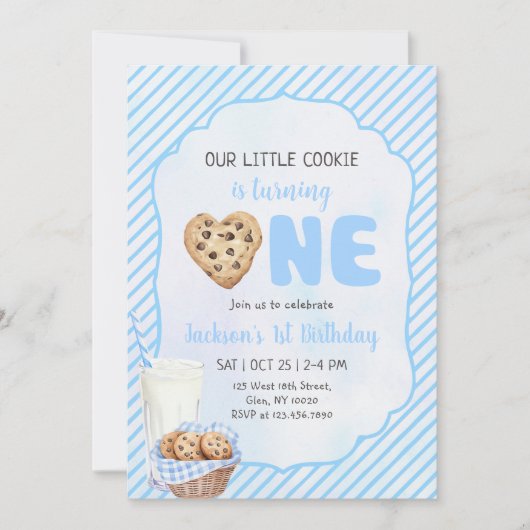 Melk en koekjes Blauw 1e verjaardag partij Kaart (Voorkant)