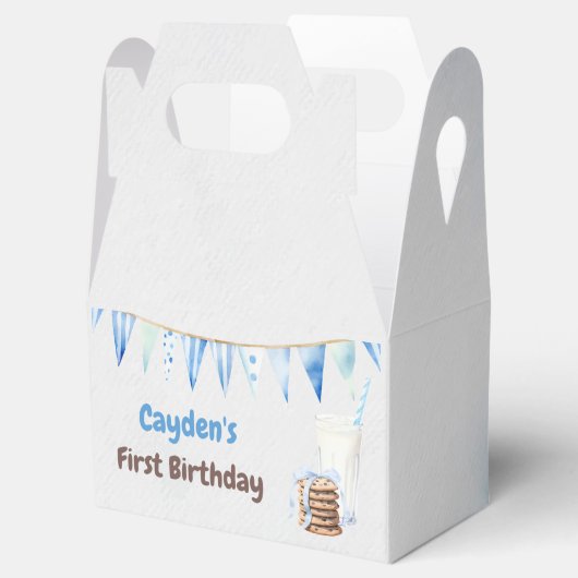Melk en koekjes jongen eerste verjaardagsfeestje bedankdoosjes (Geopend)