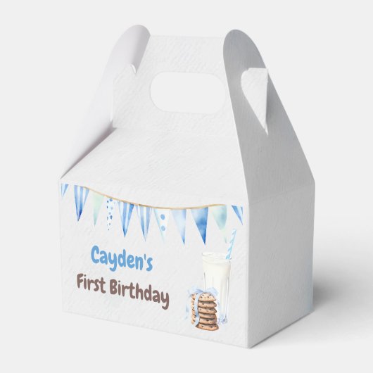 Melk en koekjes jongen eerste verjaardagsfeestje bedankdoosjes (Voorkant Zijde)