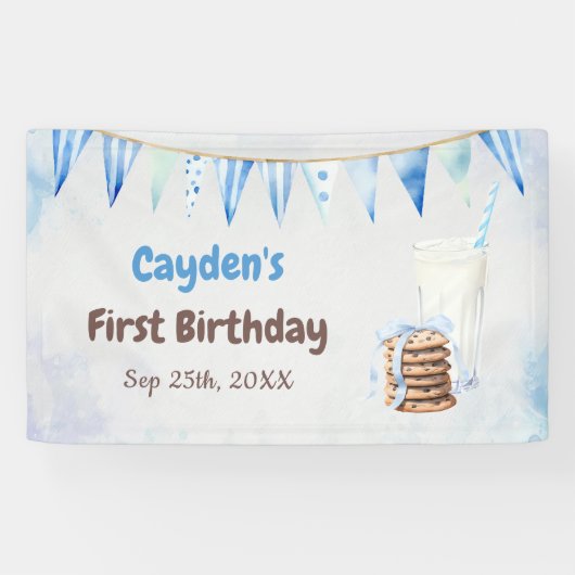 Melk en koekjes jongen eerste verjaardagsfeestje spandoek (Horizontaal)