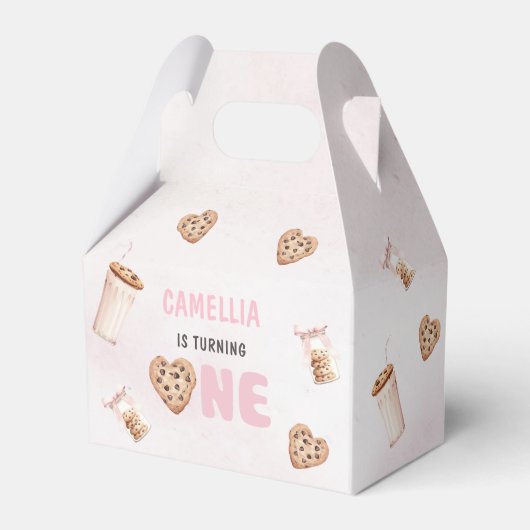 Melk en koekjes Roze eerste verjaardag partij Bedankdoosjes (Voorkant Zijde)