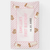 Melk en koekjes Roze eerste verjaardag partij Spandoek (Verticaal)