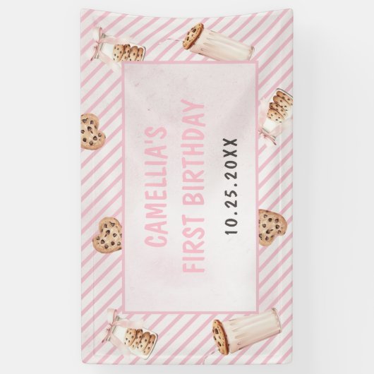 Melk en koekjes Roze eerste verjaardag partij Spandoek (Verticaal)