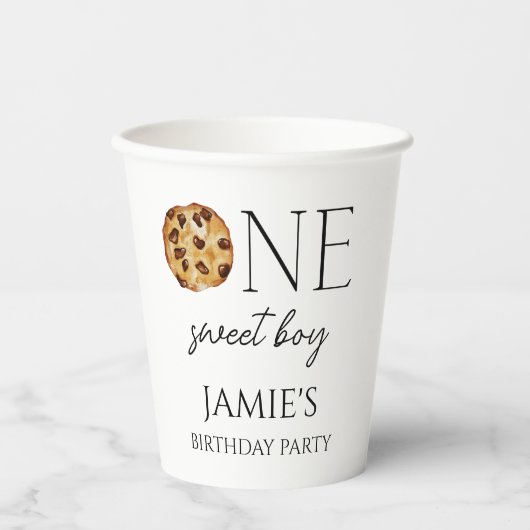 Melk en koekjes Sweet One Boy Verjaardag Papieren Bekers (Voorkant)