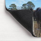 Melkchocolade bruinpaard in blauw muismat (Hoek)