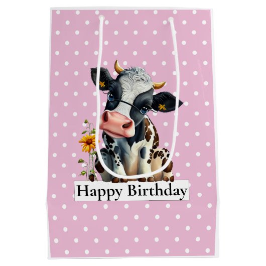 Melkroze Koe Happy Birthday roze Medium Cadeauzakje (Achterkant)