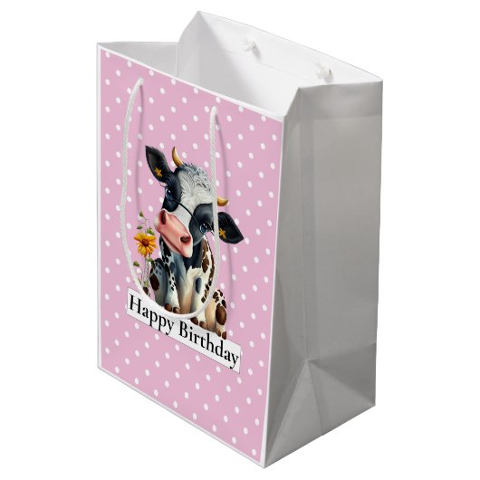 Melkroze Koe Happy Birthday roze Medium Cadeauzakje (Achterkant Gekanteld)