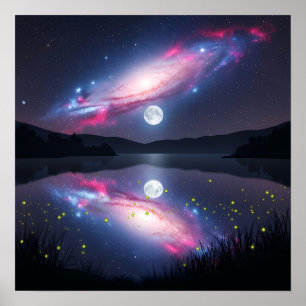 Melkweg boven maanverlicht meer met kosmische weer poster