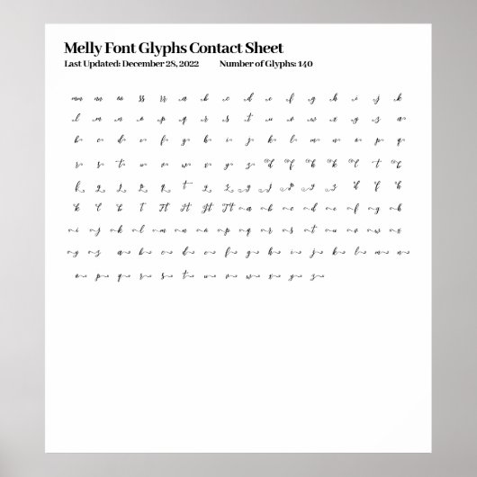 Melly Font Glyphs Contactblad Poster (Voorkant)
