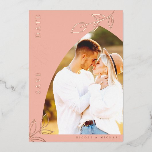Melon Pink Arch Folie Leaf Save the Date Kaart (Voorkant)