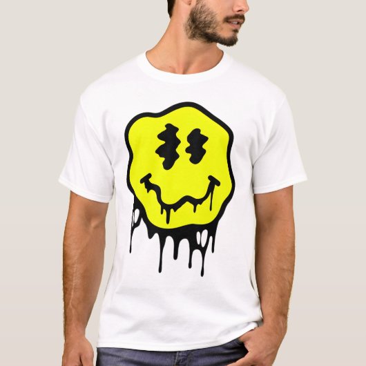 "Melting Graffiti Smiley Face – Trippy Yellow Drip T-shirt (Voorkant)