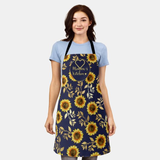 Memaw's Keuken Geel Goud Navy Zonnebloemen Bladere Schort (Gedragen)