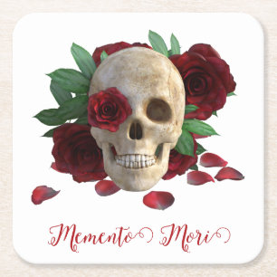 Memento Mori. Schedel met rode rozen Vierkante Kartonnen Onderzetter