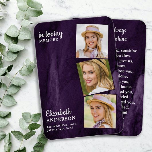 Mémorial 3 Photo Carte de prière funéraire commémo