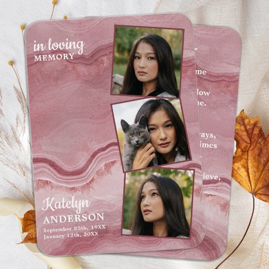 Mémorial 3 Photo Funéraire Carte de prière Rose ro