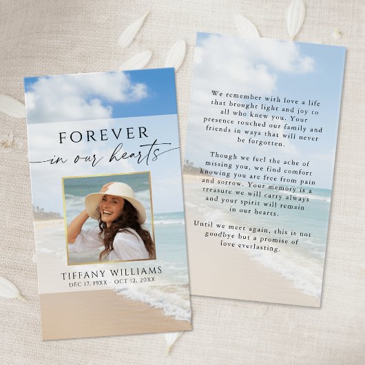 Memorial Beach Photo Forever Hearts Prayer Card