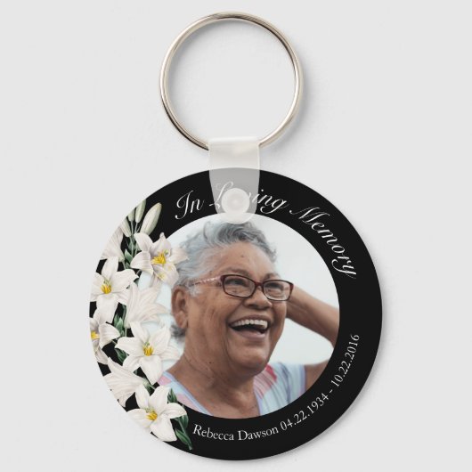 Memorial Custom Foto Lily Black Floral Sleutelhanger (Voorkant)