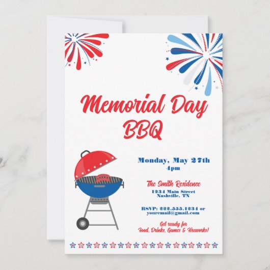 Memorial Day Party BBQ Patriottisch Rood Wit Blauw Kaart (Voorkant)