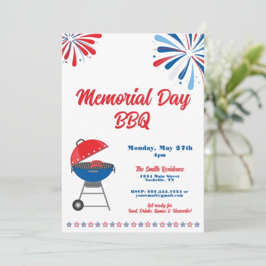 Memorial Day Party BBQ Patriottisch Rood Wit Blauw Kaart (Staand voorkant)