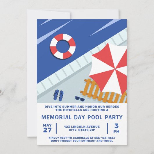 Memorial Day Pool Party Rood Wit & Blauw Kaart (Voorkant)