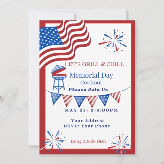 Memorial Day Red, White & Blue Cookout Invitation (Devant)