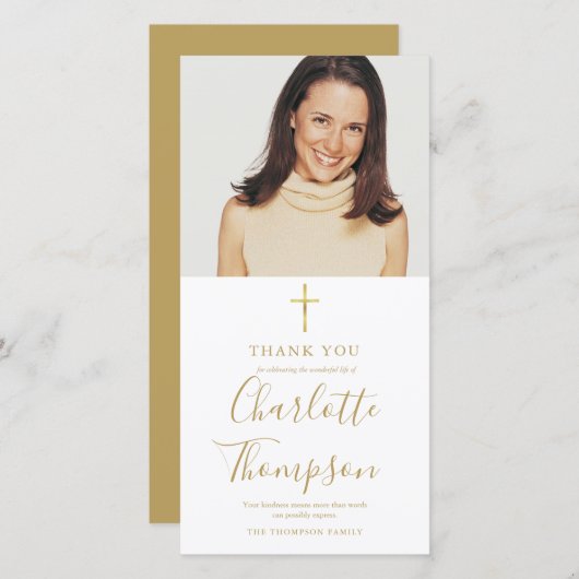 Memorial Funeral Elegant Gold Cross Simple Photo Bedankkaart (Voorkant / Achterkant)