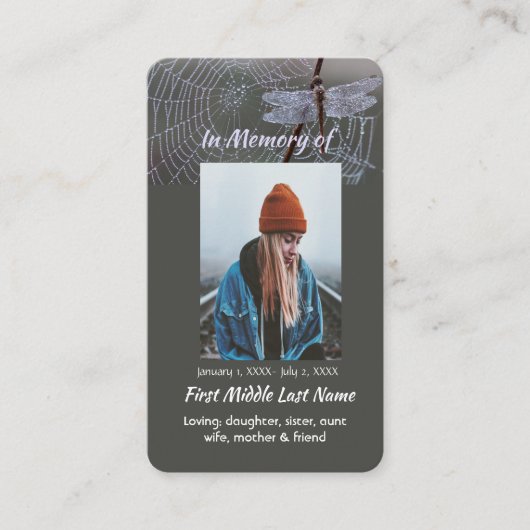 Memorial Keepsake Card Dragonfly Dewdrops Visitekaartje (Voorkant)