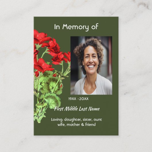 Memorial Keepsake Geranium Flower Visitekaartje (Voorkant)