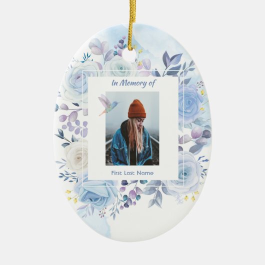 Memorial Keepslag Hummingbird Blue Rozen Keramisch Ornament (Voorkant)