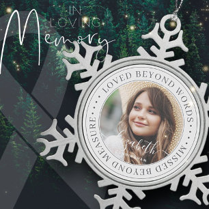 Memorial Loved Beyond Words Elegant Chic Photo Tin Sneeuwvlok Ornament