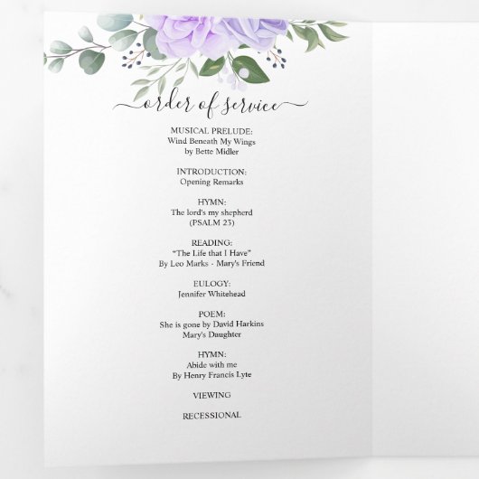 Memorial Paarse Waterverf Floral Funeral Drieluik Programma (Binnenzijde eerst)