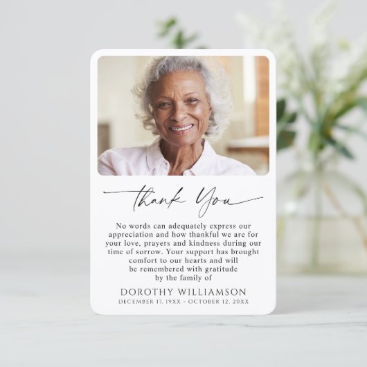 Memorial Photo Elegant Script Bedankkaart (Staand voorkant)