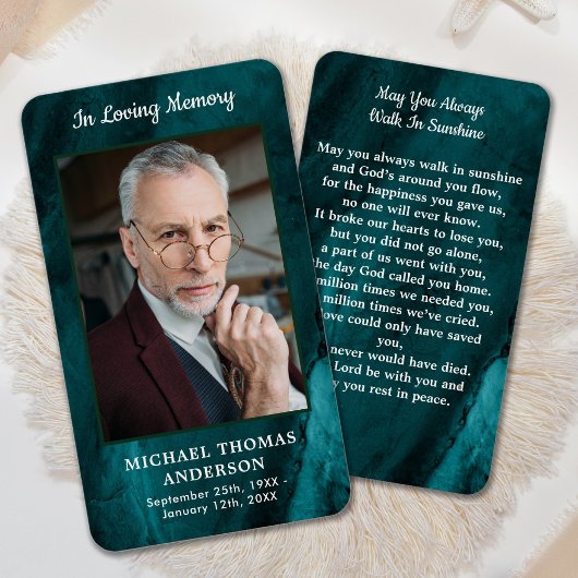 Memorial Photo Funeral Emerald Green Prayer Kaart