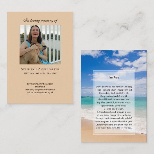 Mémorial photo Je suis Carte de prière gratuite 2 (Devant / Derrière)