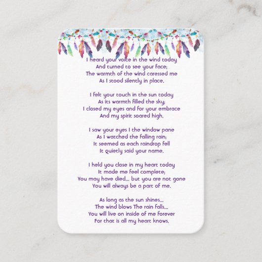 Memorial Photo Prayer Feathers Boho Tribal Native Visitekaartje (Voorkant)