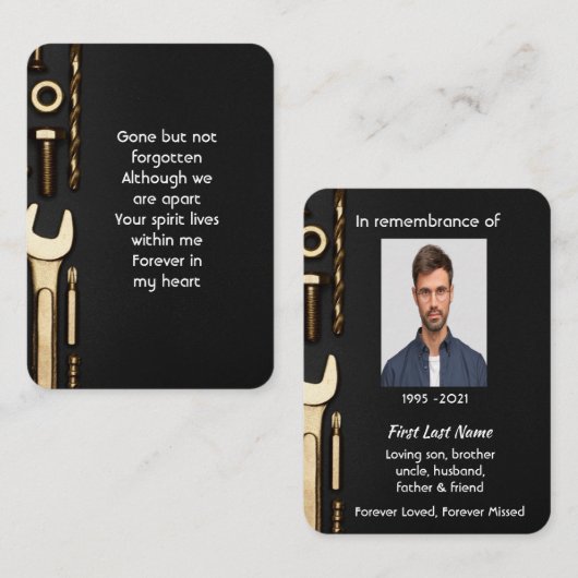 Memorial Photo Prayer Tools Mechanic Visitekaartje (Voorkant / Achterkant)