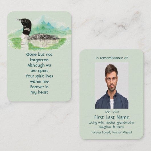 Memorial Photo Prayer Waterverf Common Loon Bird Visitekaartje (Voorkant / Achterkant)