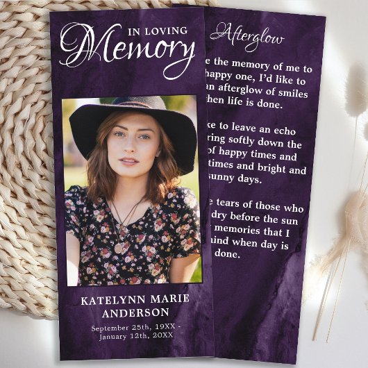 Memorial Prayer Kaart Foto Paars Marble Funeral