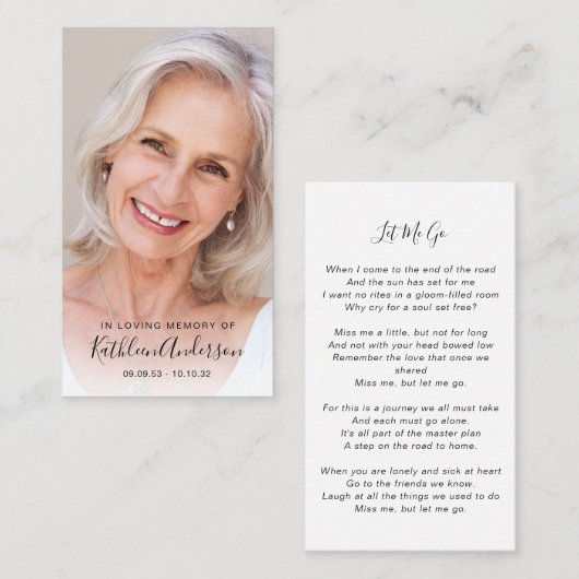 Memorial Prayer Kaart | Volledige foto Contactkaartje (Voorkant / Achterkant)