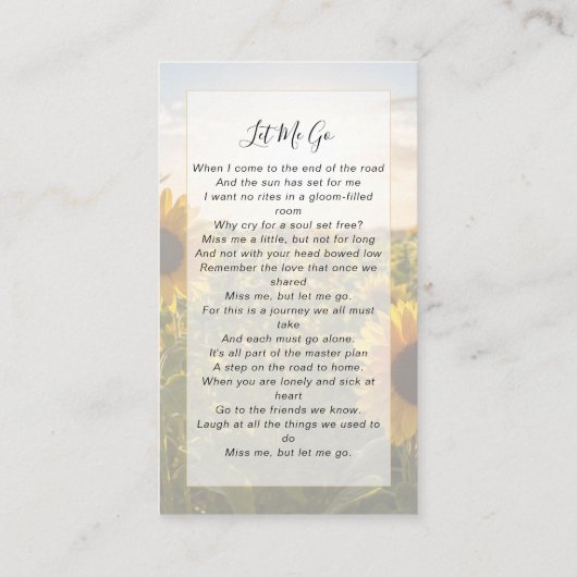 Memorial Prayer Kaart | Zonnebloemen Contactkaartje (Achterkant)