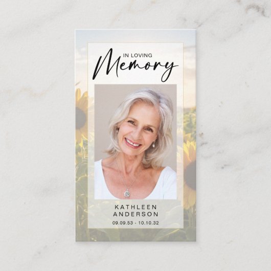 Memorial Prayer Kaart | Zonnebloemen Contactkaartje (Voorkant)