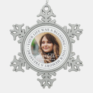 Memorial Quote Modern Elegant Chic Custom Photo Tin Sneeuwvlok Ornament