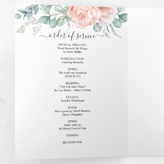 Memorial roze pioen Waterverf bloemenbegrafenis Drieluik Programma (Binnenzijde eerst)